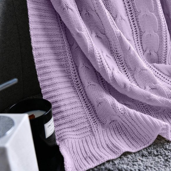 LIlac Purple Cozy Knit Cable Knit Weave Pattern Decorative Bed Accent Blanket - Picture 7 of 9